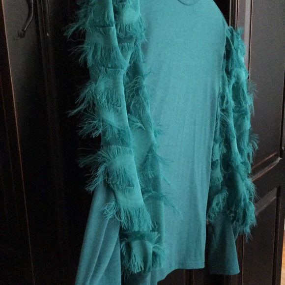 4X SHEIN Teal Blouse with Statement Feathery Sleeves - Picture 8 of 17